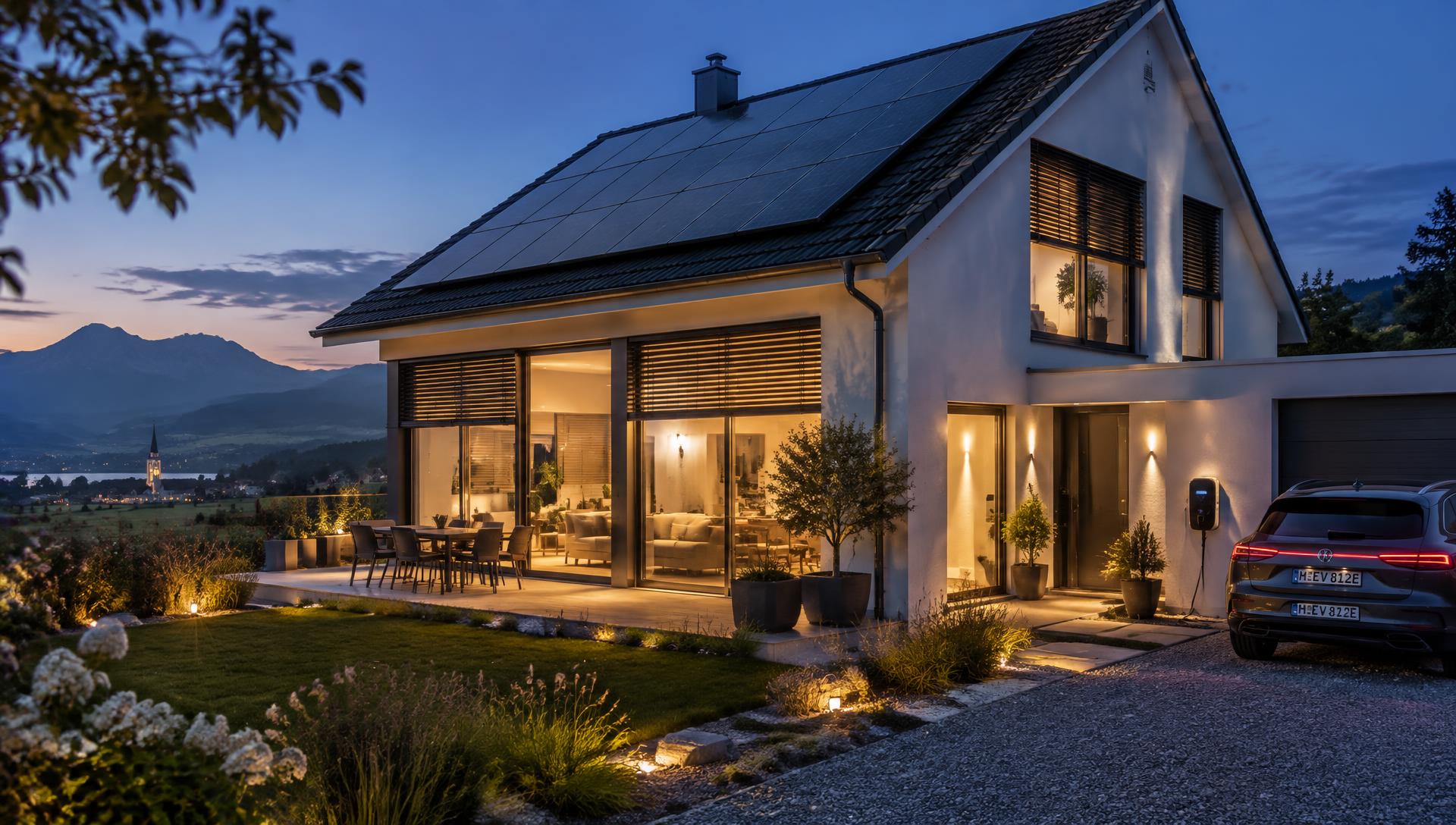 Modernes Smart Home mit Photovoltaik und Wallbox am Abend